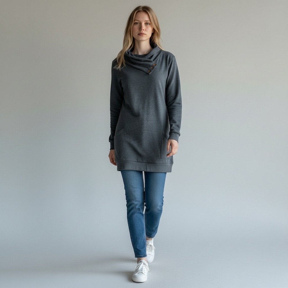 Sofishie Women Tunic Sweatshirt Large Gray Shawl Collar Button Pocket Pullover